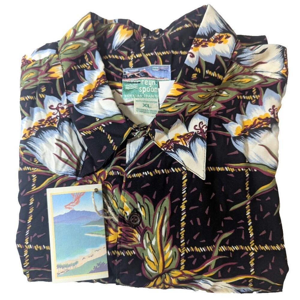 VTG Reyn Spooner Hawaiian Shirt Men's XL NWT NOS Spun Rayon Protea Flower Black